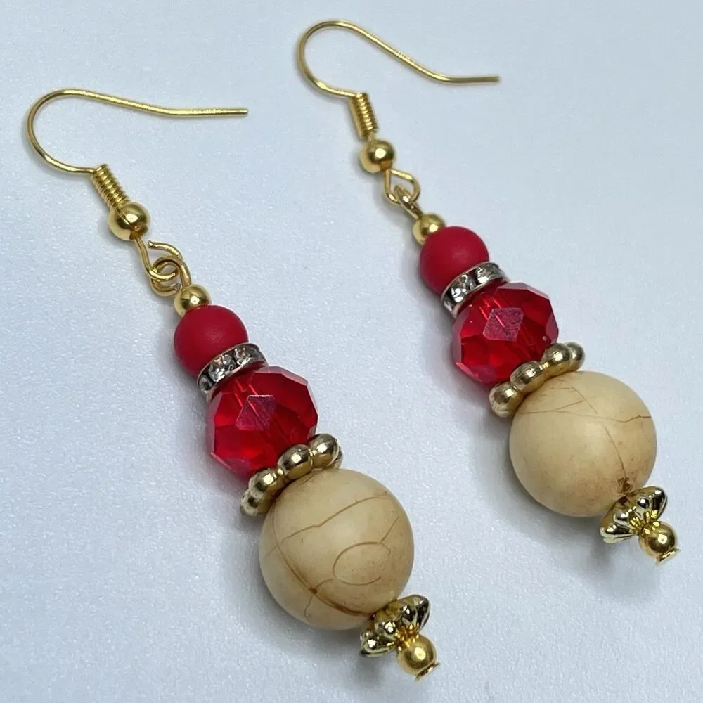 Artisan Red Crystal Glass Wood Beaded Gold Tone Earrings Dangle Boho Unique